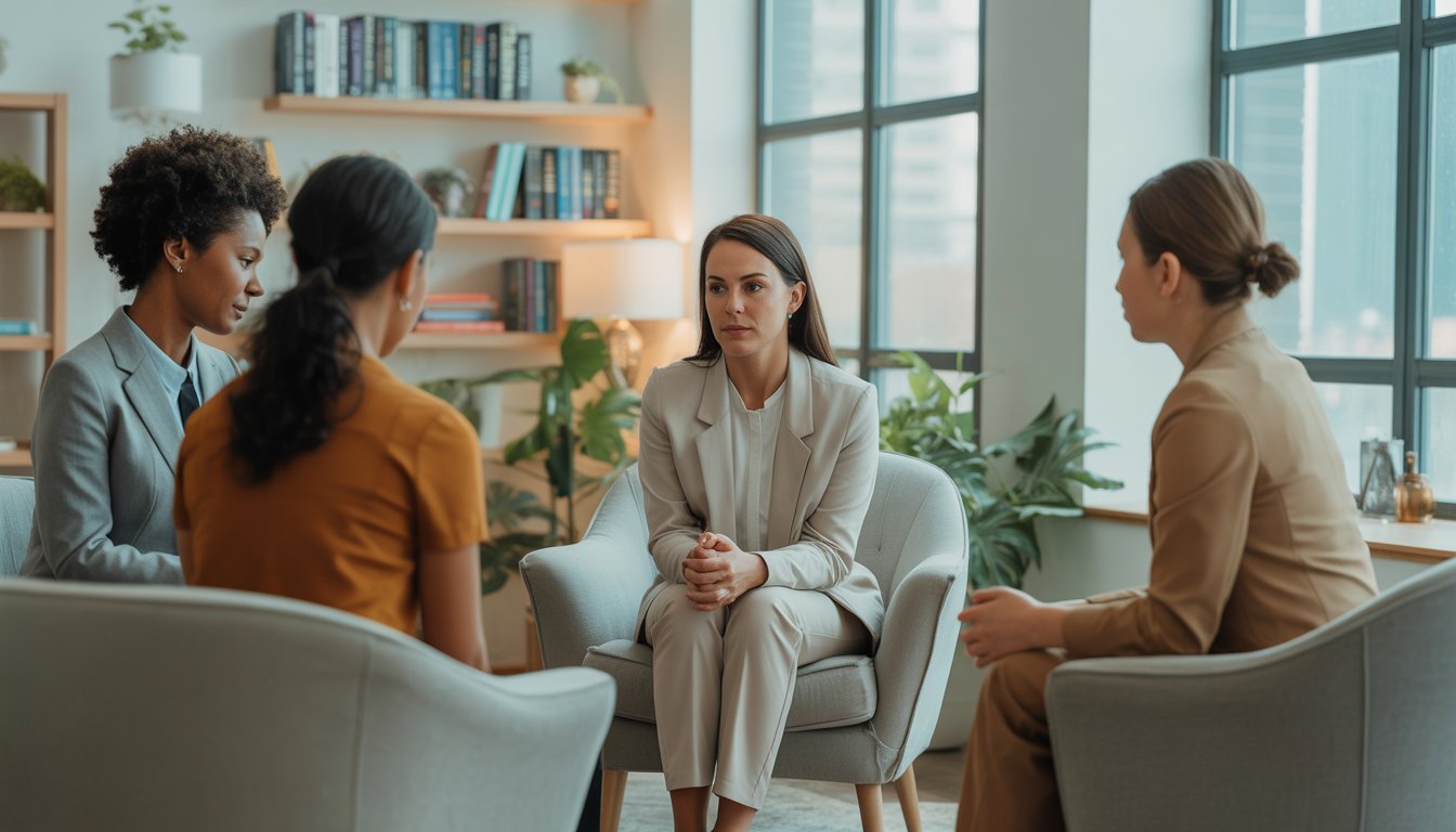 A therapist attentively listening to a client in a bright, welcoming office with large windows and plants.
