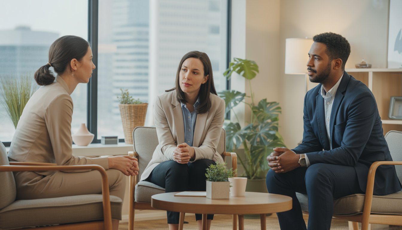 Three therapists and a client having a supportive conversation in a bright, comfortable therapy office with a city view in the background.
