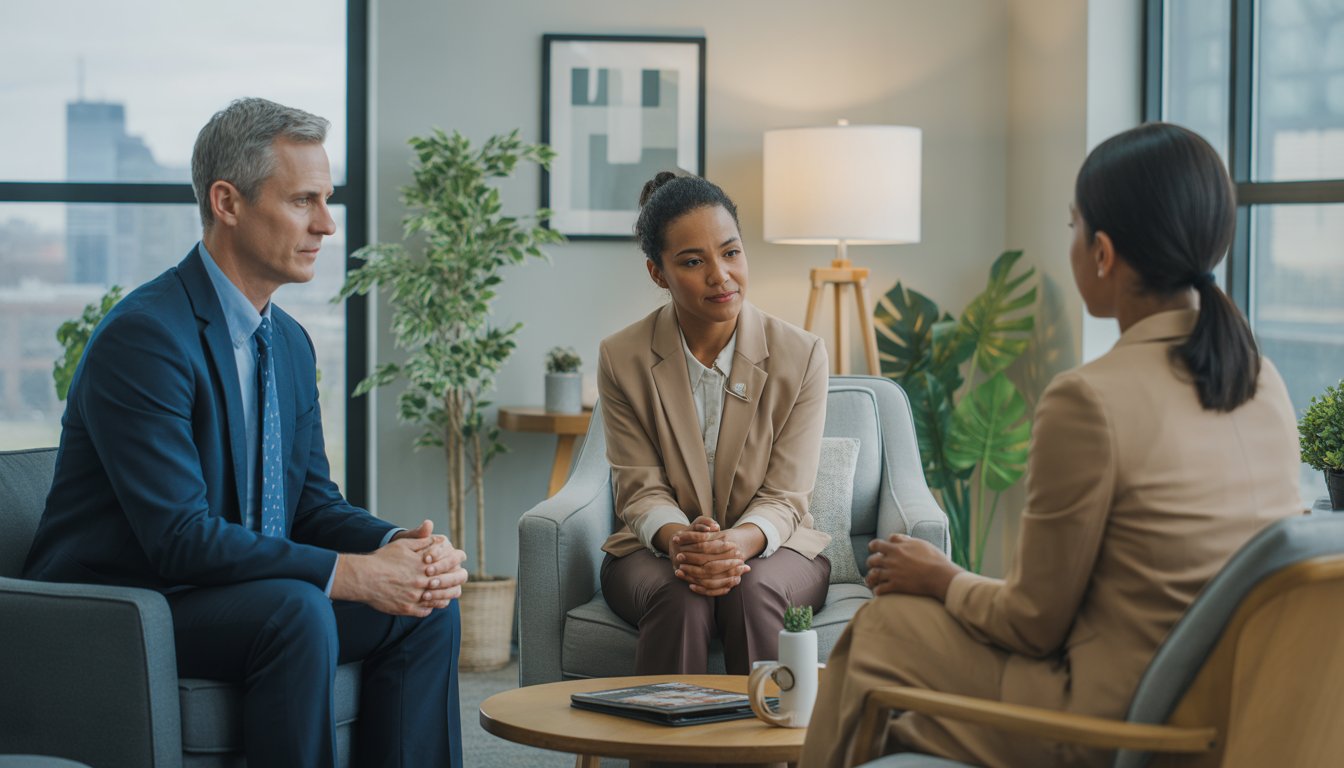 Two therapists talking supportively with a client in a comfortable therapy office with a city view in the background.