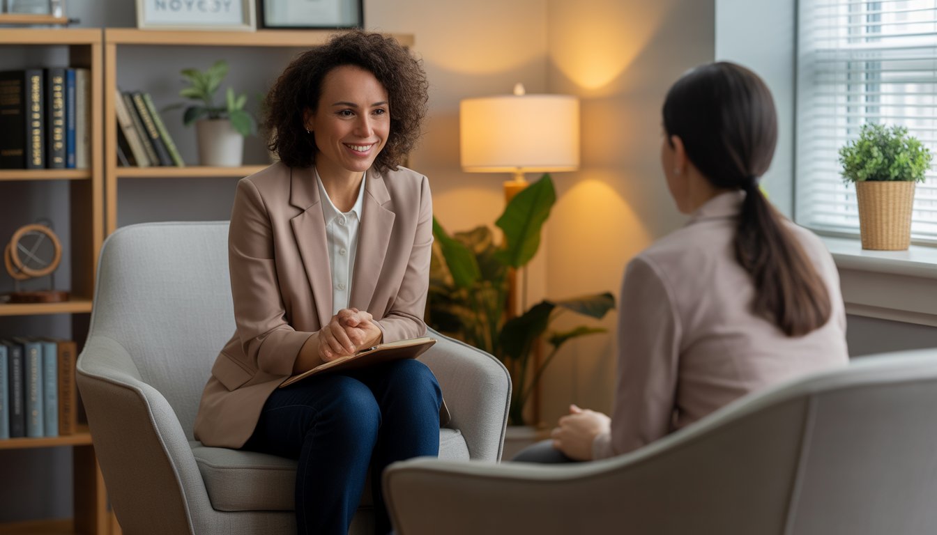 A therapist attentively listening to a client in a warm, inviting therapy office.