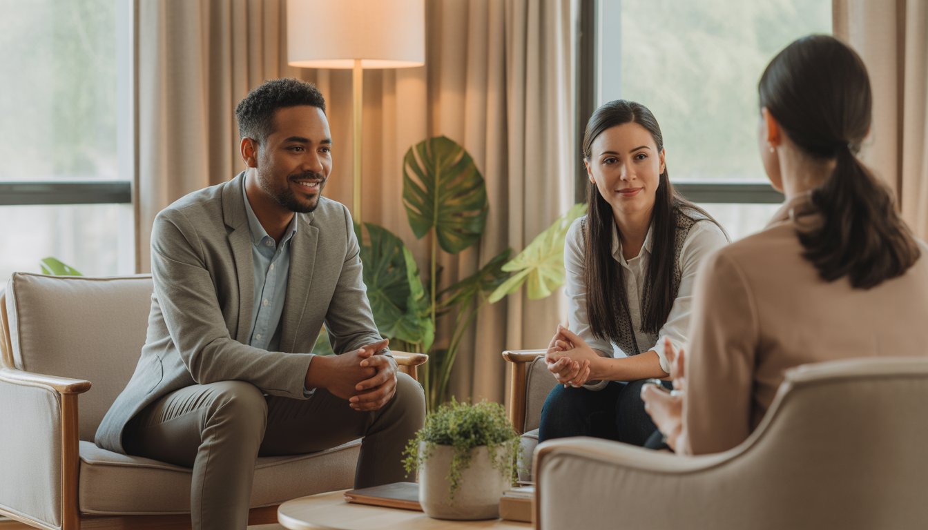 Two therapists attentively talking with a client in a bright, comfortable therapy office with plants and natural light.