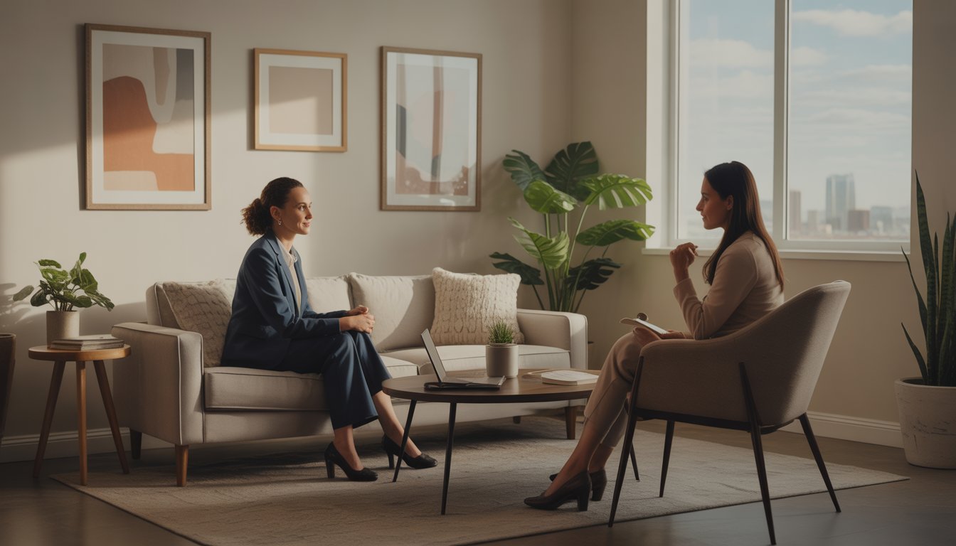 A therapist and a client sitting in a calm therapy office, engaged in a supportive conversation.