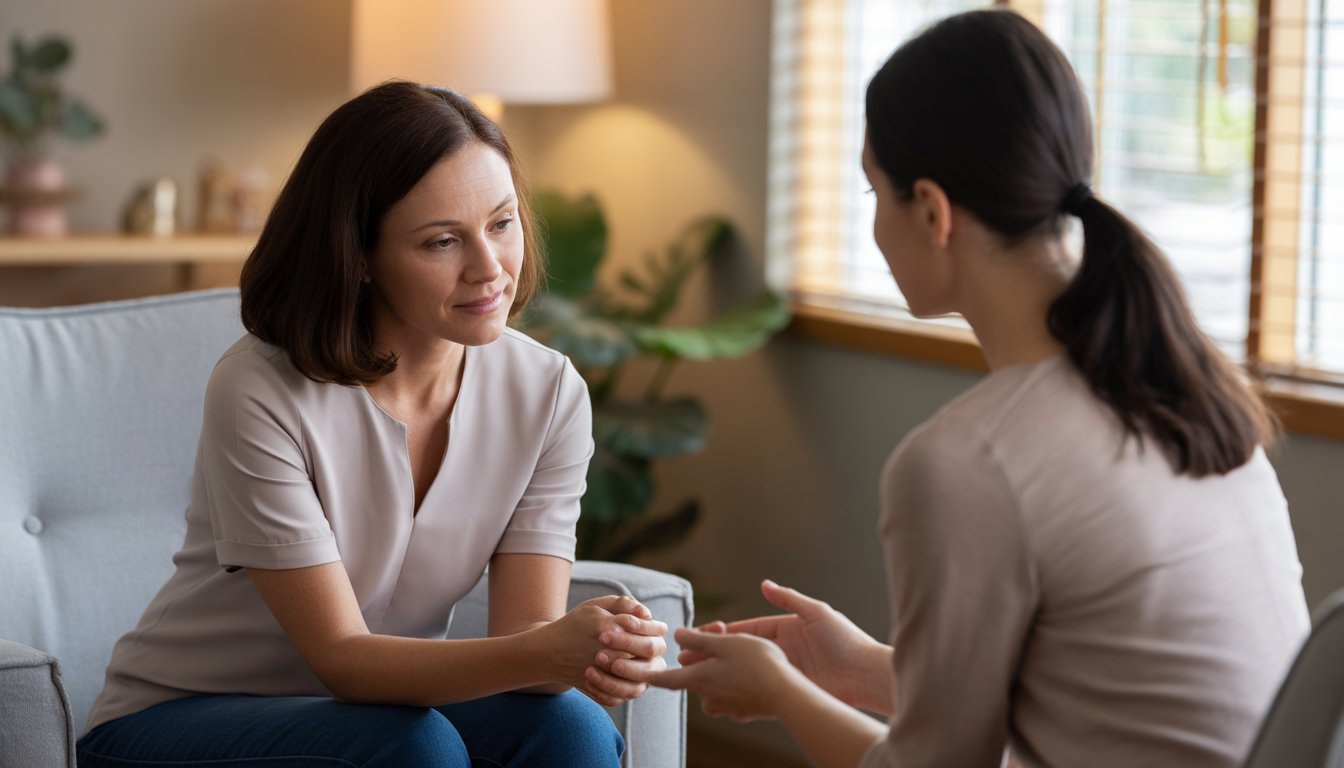A therapist attentively listens to a woman in a warm, comfortable therapy office.