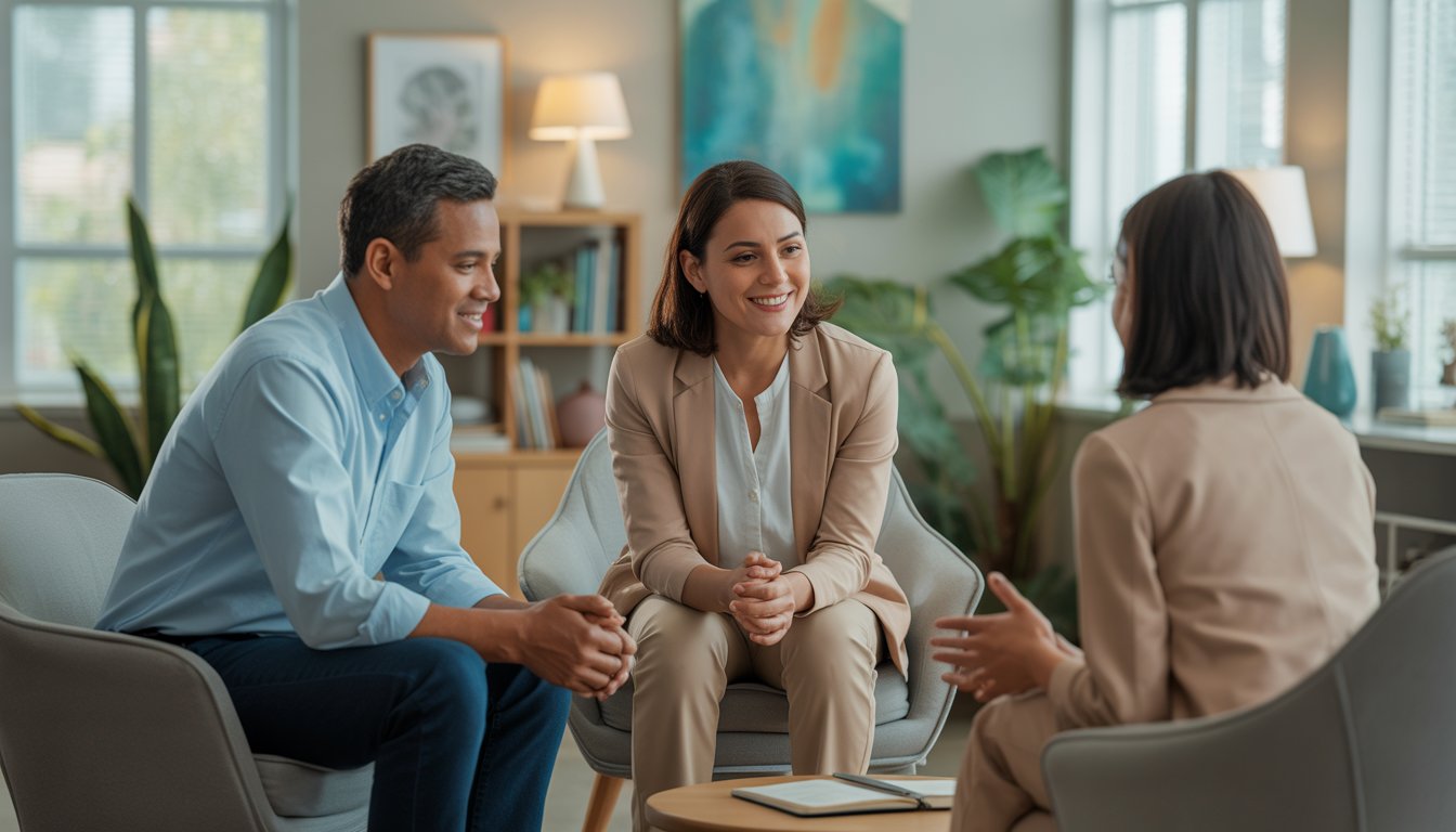Two therapists talking supportively with a client in a bright, comfortable therapy office.