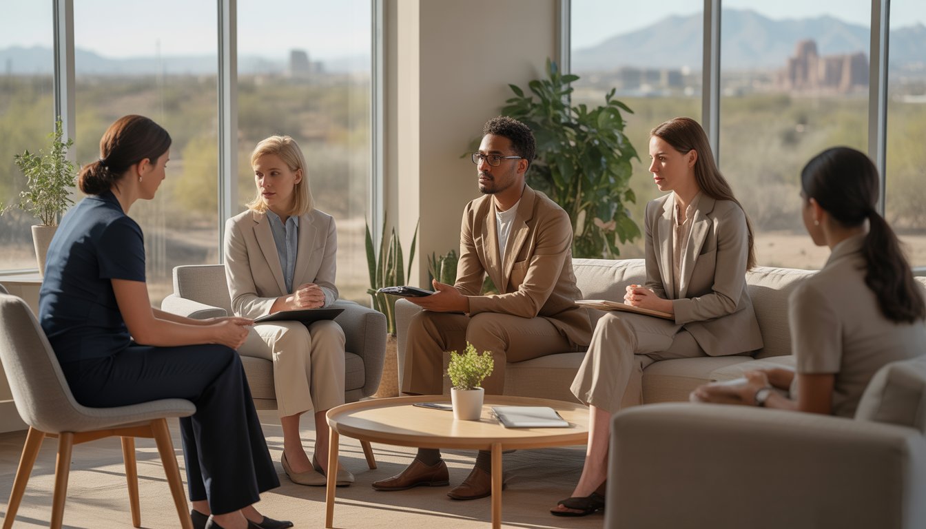 Therapists having a confidential discussion in a bright, modern therapy office with a view of the Phoenix cityscape.