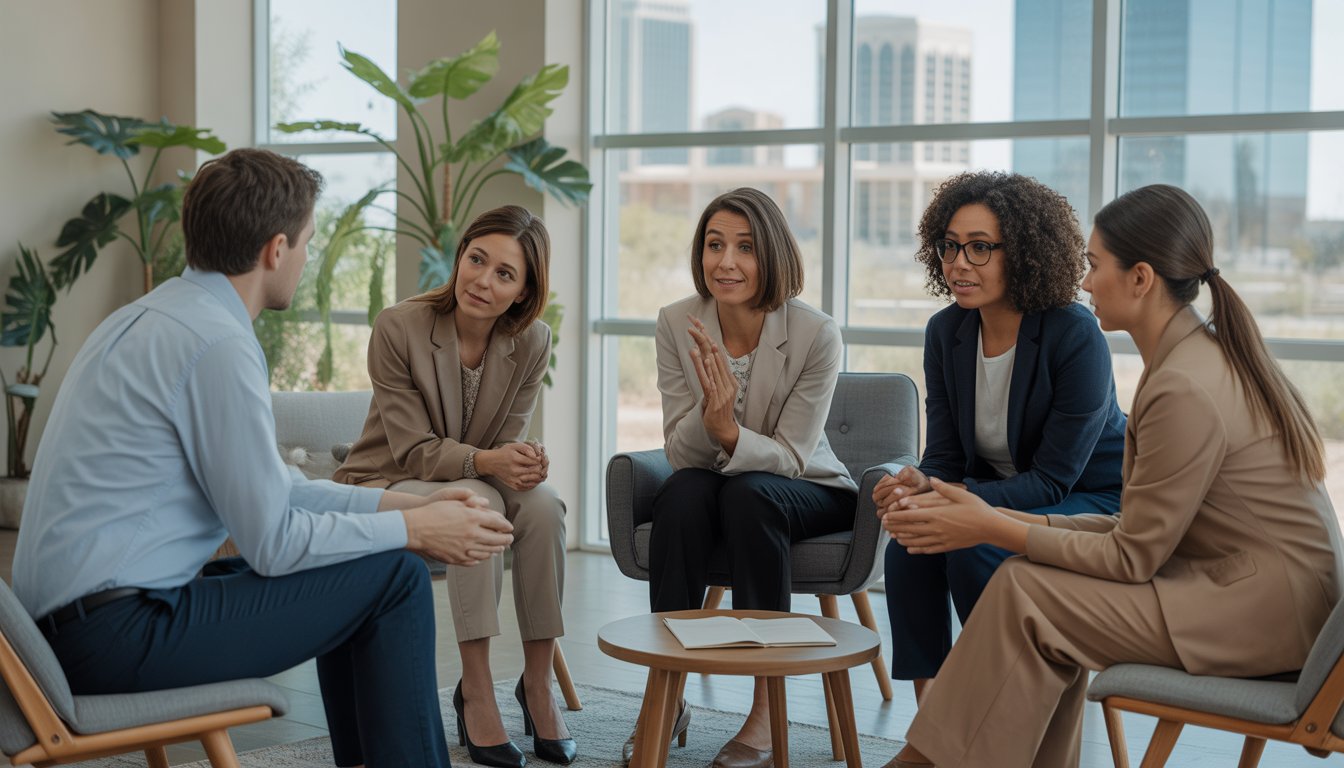 A group of therapists in a bright office discussing trauma-informed care with warm and attentive expressions.