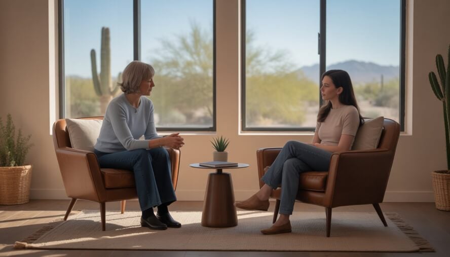 A therapist attentively listening to a young woman in a warm, comfortable therapy office with a desert view outside the window.
