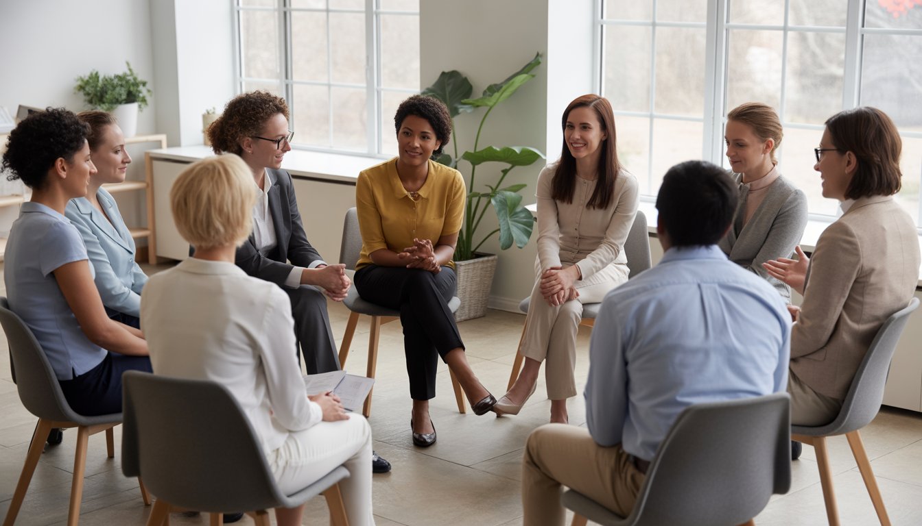 A group therapy session with clinicians and participants sitting in a circle in a bright, welcoming room.