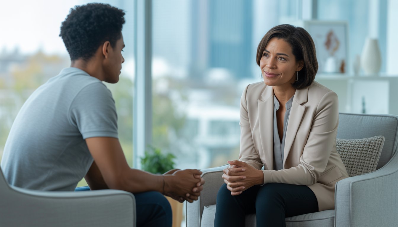 A therapist and client sitting in a comfortable office, engaged in a thoughtful conversation.