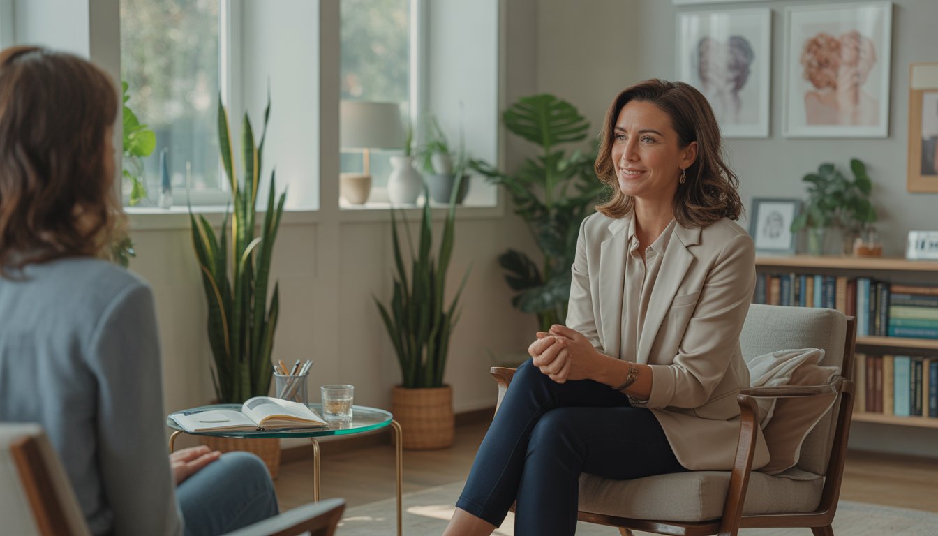 A female therapist attentively listening to a client in a warm, inviting office.