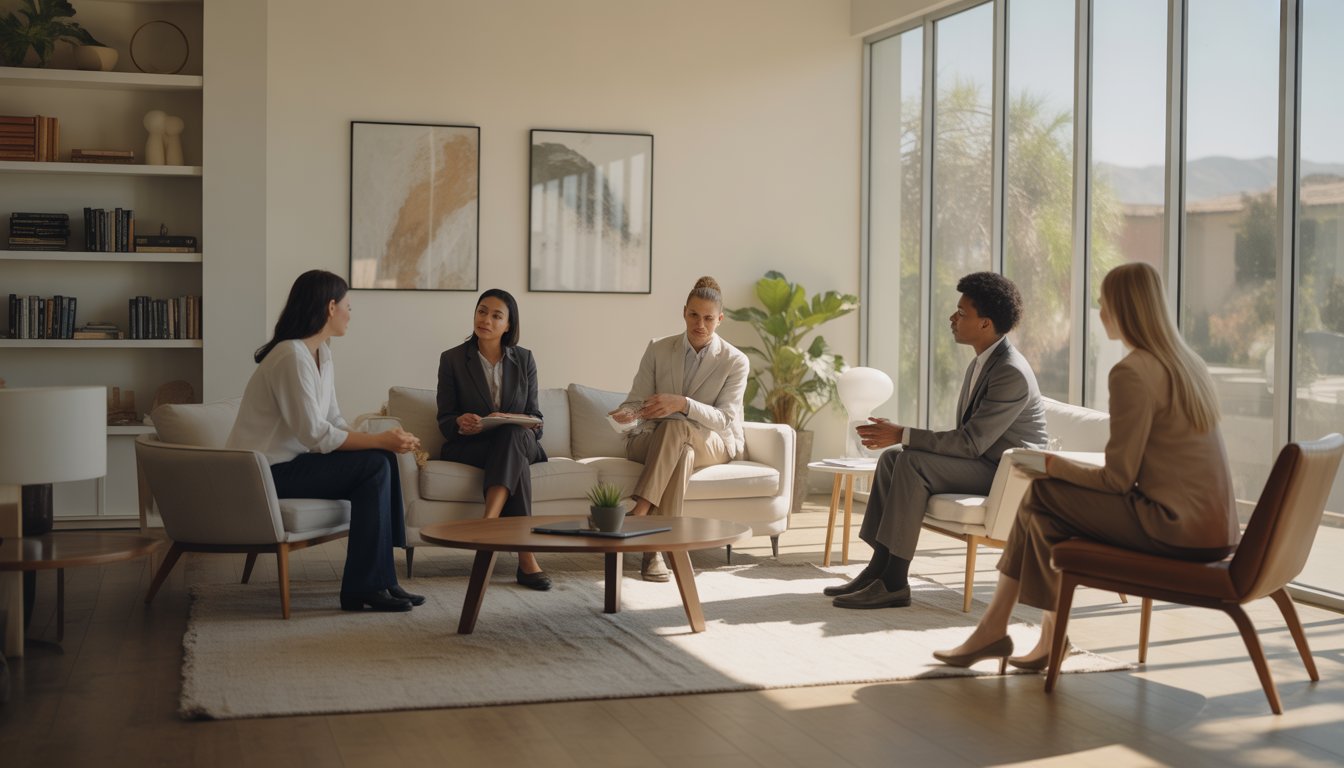 A therapist and client having a supportive conversation in a bright, modern therapy office.
