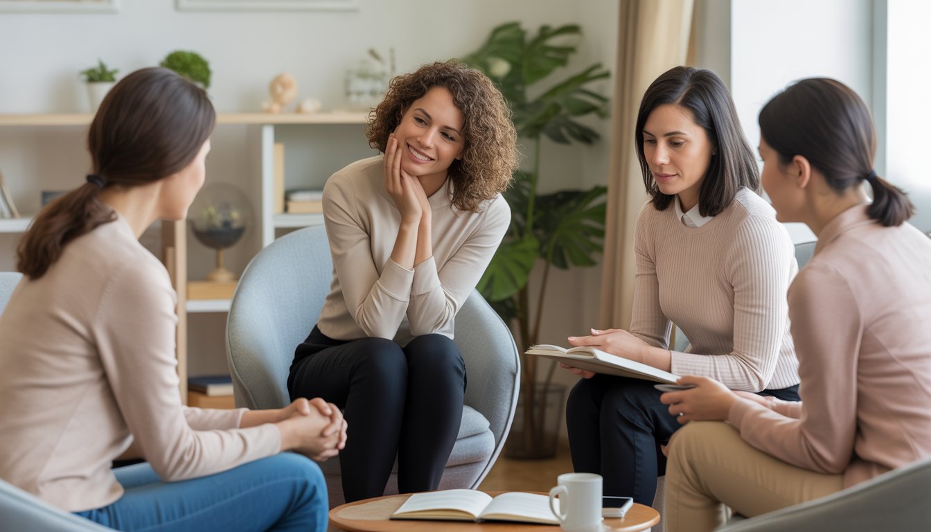 Therapists attentively engaging with a client in a bright, comfortable therapy room.