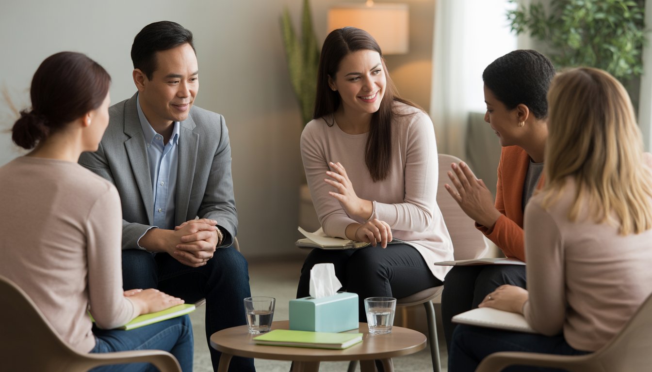 A group therapy session with two therapists and several adults sitting in a circle in a calm, comfortable room.
