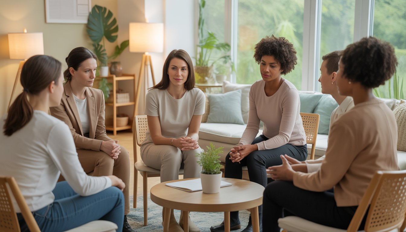 A group of diverse therapists in a bright room having a supportive and attentive discussion during a therapy session.