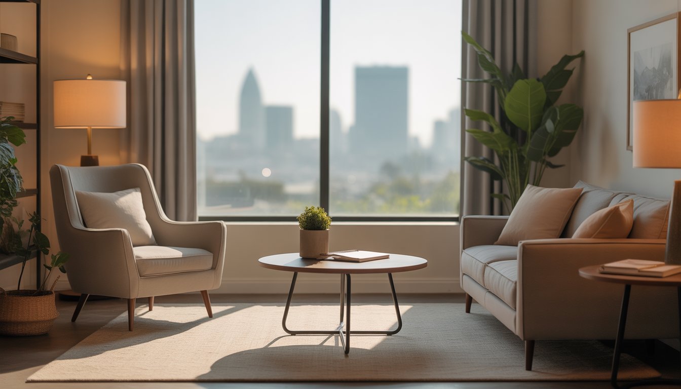 A calm and inviting therapist's office with comfortable seating and a window showing a city view.