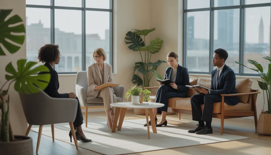 A therapy center reception area with therapists talking to a client in a calm, welcoming office space with large windows showing a cityscape.