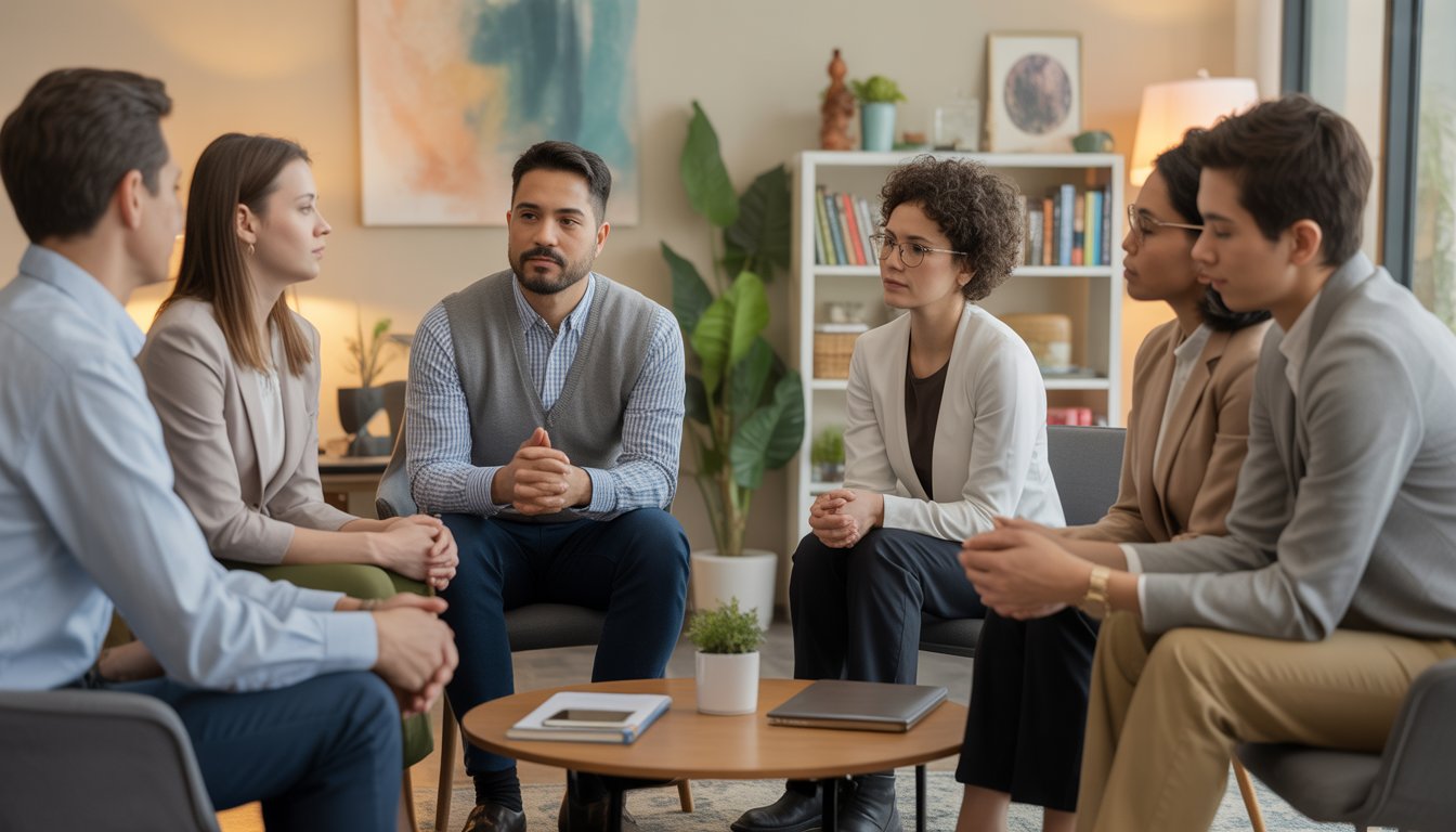 Therapists in a bright, modern office engaged in a supportive conversation.