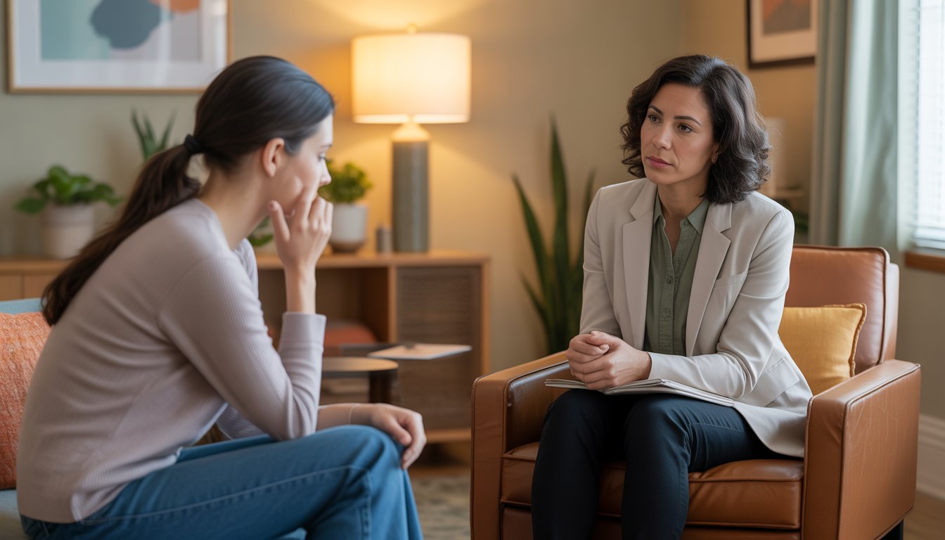 A therapist attentively listening to a young woman in a calm, warmly lit counseling office.