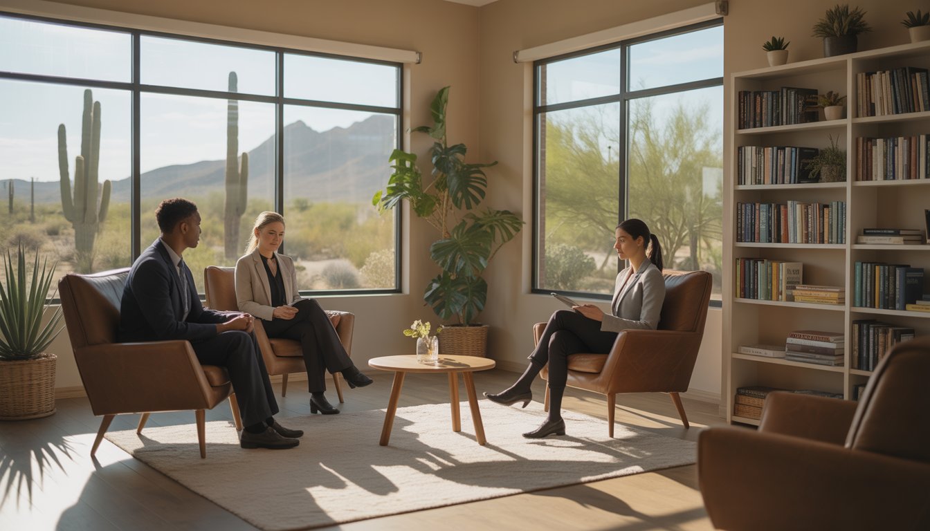 Therapists and a client having a supportive conversation in a bright therapy office with desert views.