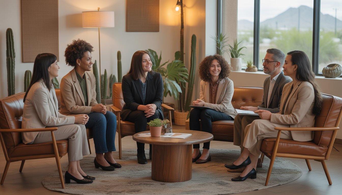 A diverse group of mental health therapists having a supportive conversation in a bright, comfortable therapy office with a desert landscape visible through the window.