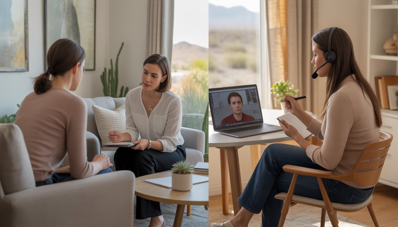 Two therapists providing supportive counseling sessions, one in a bright office and one online from a home office, in Tucson, Arizona.