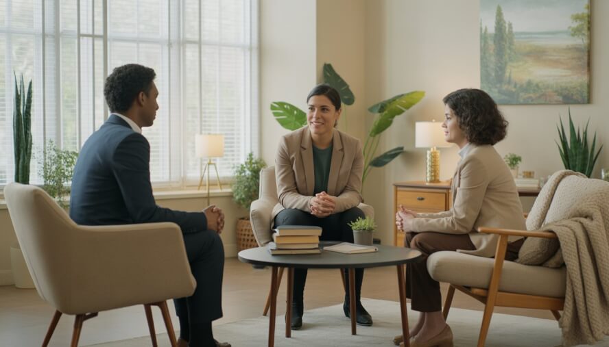 Two therapists talking supportively with a client in a bright, comfortable therapy office.