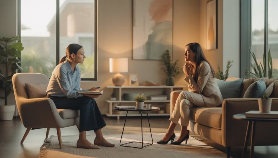A therapist and client sitting in a bright, comfortable therapy room with plants and soft lighting, engaged in a supportive conversation.