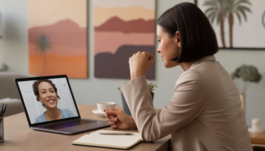 A therapist attentively speaking to a client through a laptop during an online therapy session in a bright, modern office.