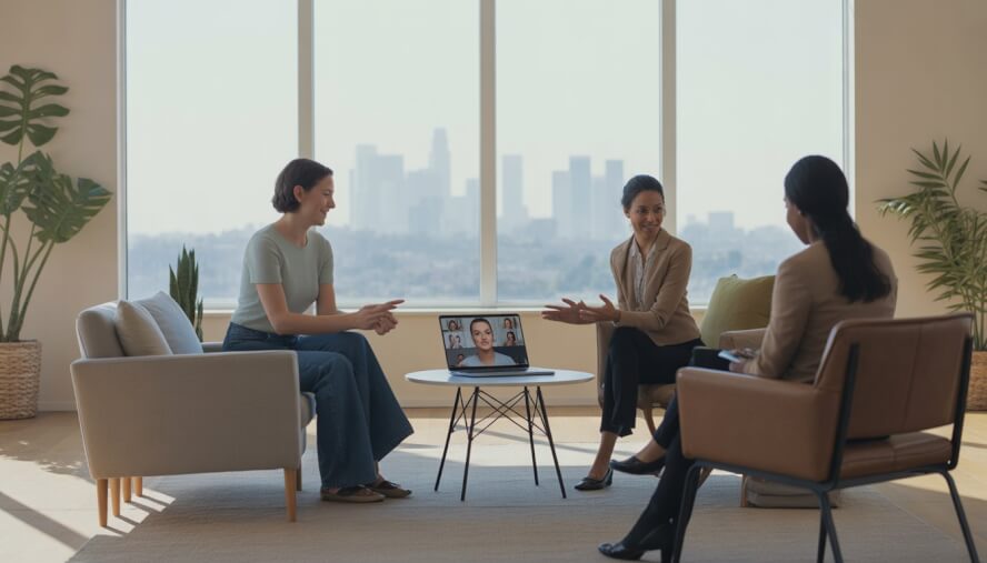 Two therapists and a client having a supportive conversation in a bright office with a city view and a laptop showing a video call.
