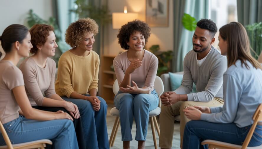 A group of adults sitting in a circle in a therapy room, engaged in a supportive group discussion with a therapist.