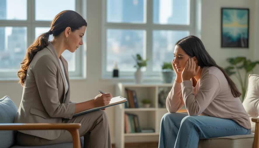 A therapist attentively listens to a young adult client in a bright, modern therapy office with a city view.