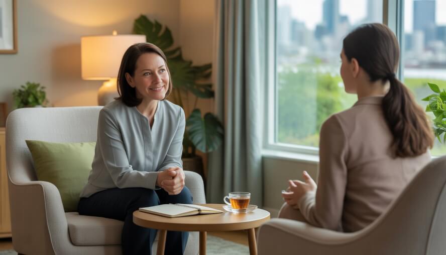 A therapist and client sitting in a bright, comfortable counseling room with a window showing the Seattle skyline.