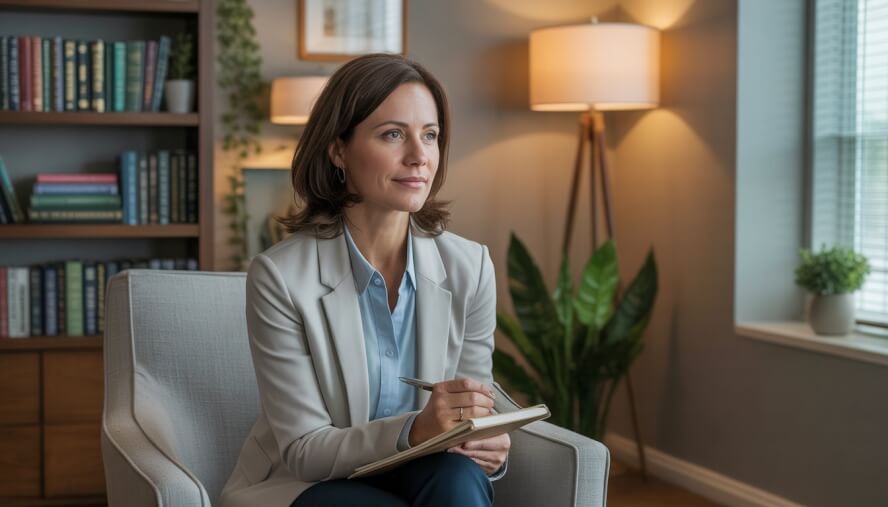 A female therapist sitting in a comfortable office with bookshelves and natural light, looking calm and attentive.