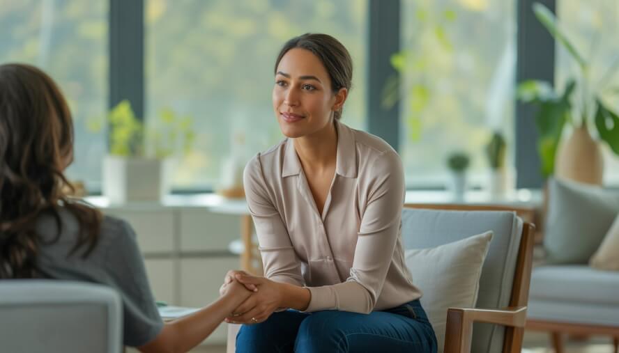 A female therapist sitting in a bright office, listening attentively and creating a calm, supportive environment.
