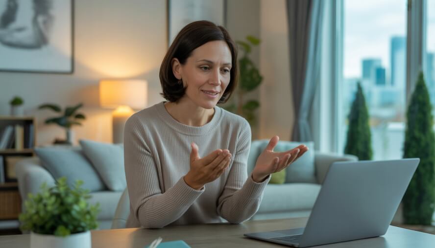 A therapist in a home office conducting a telehealth video session, appearing attentive and supportive.