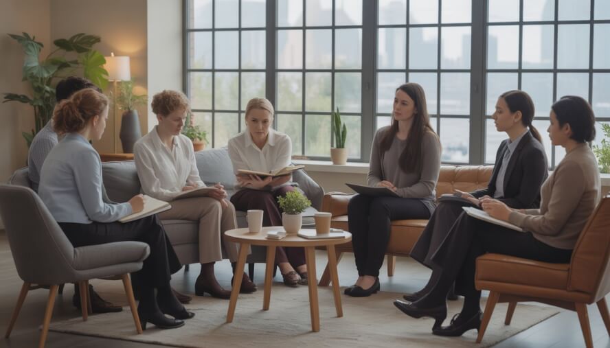 A group of therapists and support group members having a calm discussion in a bright, comfortable therapy office with a view of the Seattle skyline.