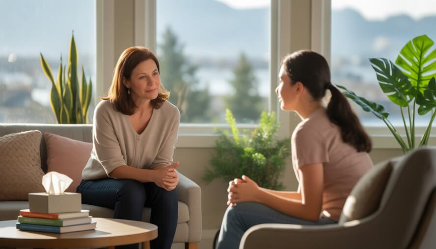 A therapist attentively listening to a client in a bright, comfortable therapy room with large windows showing trees and city buildings outside.
