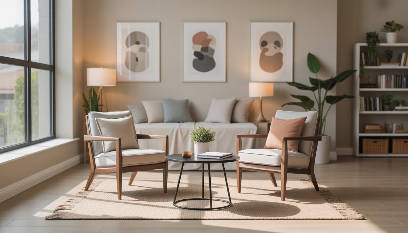 A bright and welcoming therapy office with two chairs facing each other and natural light coming through large windows.