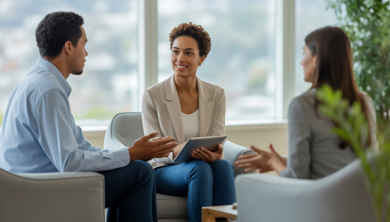 Two therapists talking with a client in a bright, modern therapy office with large windows and plants.