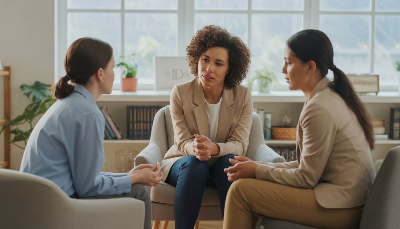 Two counselors talking supportively with a client in a bright, comfortable therapy office.
