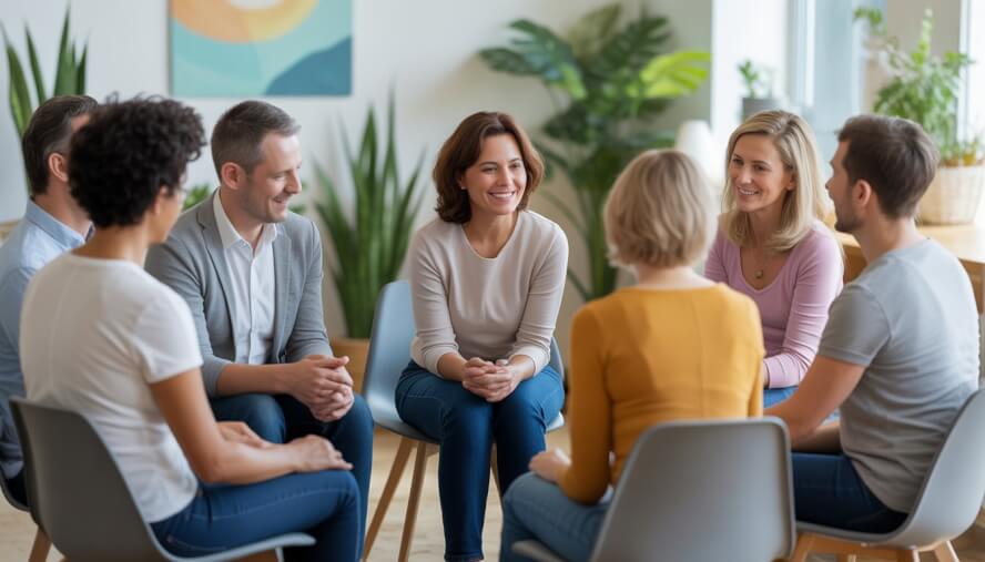A diverse group of adults sitting in a circle in a bright room, engaged in a supportive group therapy session led by a caring therapist.