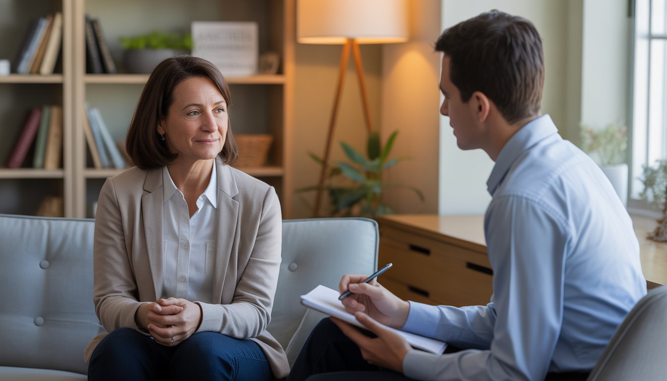 Two therapists attentively listening in a warm, inviting therapy office with books and plants in the background.