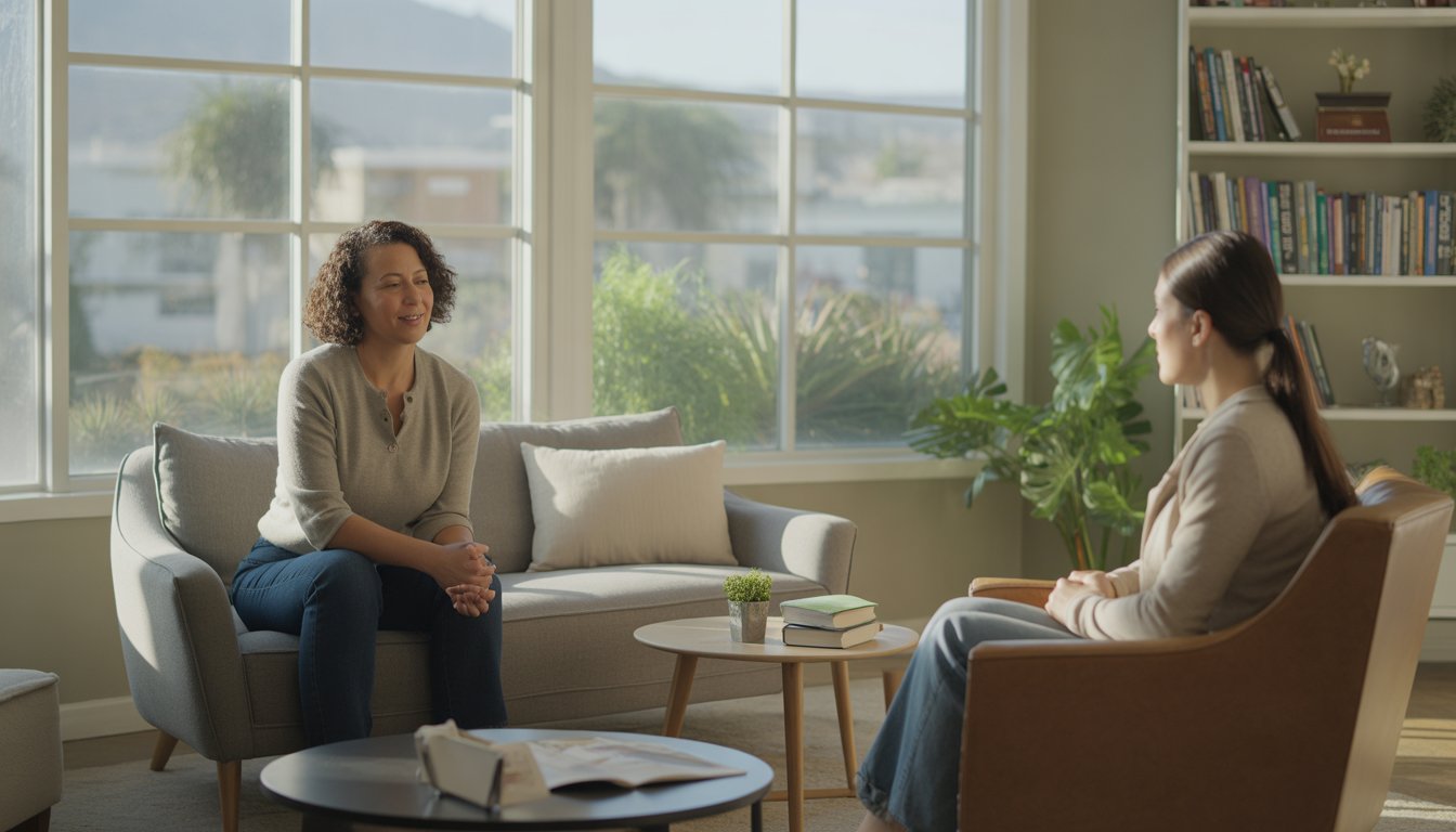 A therapist attentively listening to a client in a bright, comfortable therapy office with a view of Berkeley outside.