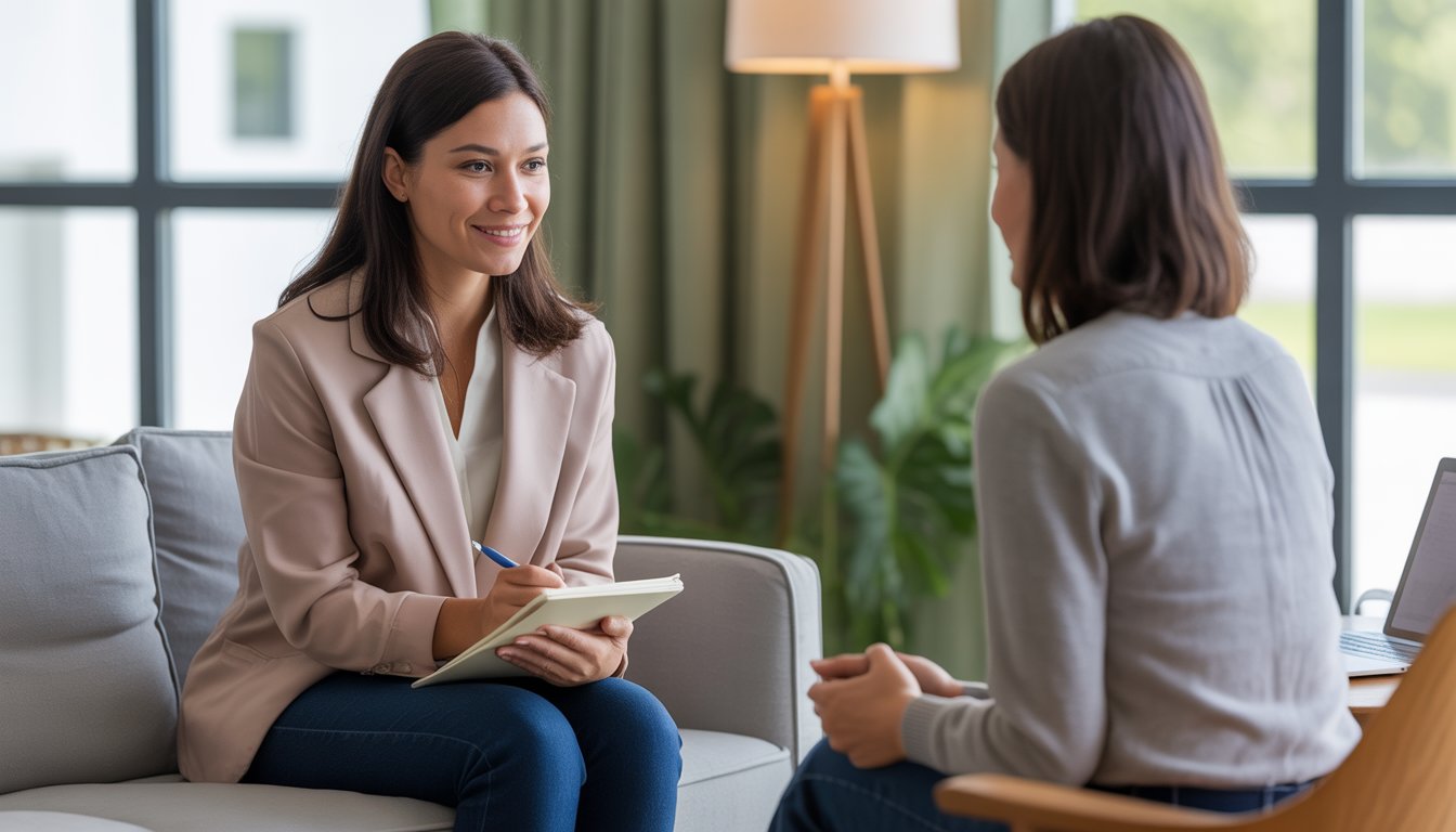 A therapist attentively listening to a client in a comfortable therapy office with natural light and plants.