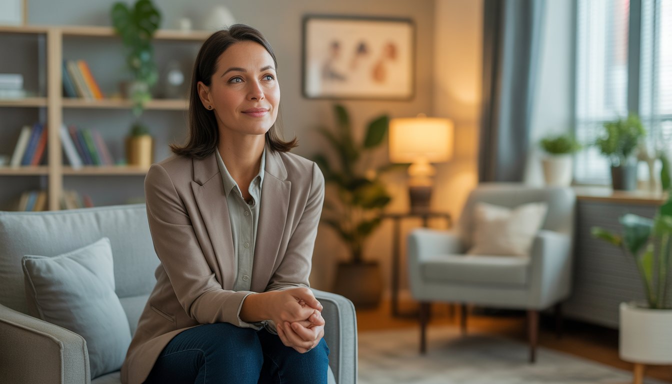A female therapist sitting in a comfortable office with warm lighting, surrounded by books and plants, looking calm and empathetic.