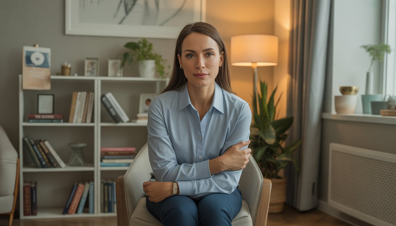A female therapist sitting in a cozy counseling office with bookshelves and a plant, looking calm and approachable.