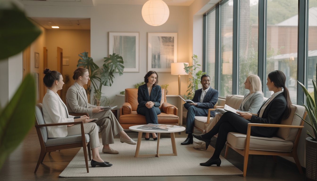 A welcoming therapy center reception area with natural light, comfortable seating, and therapists talking calmly in the background.