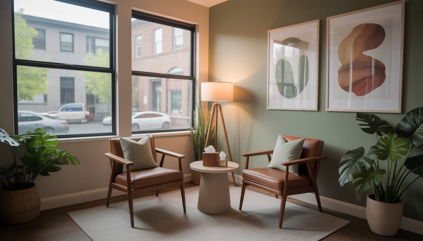 A calm and inviting therapy office with two chairs, a small table with tissues and a plant, and large windows showing a quiet neighborhood outside.