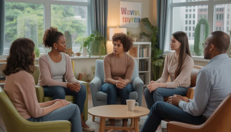 A diverse group in a comfortable therapy room with a therapist listening attentively to a client, with windows showing greenery and a cityscape in the background.