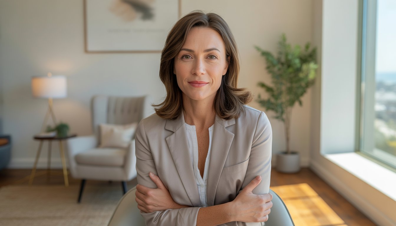 A female therapist sitting in a bright office with a calm and compassionate expression, with a window showing a sunny coastal city in the background.